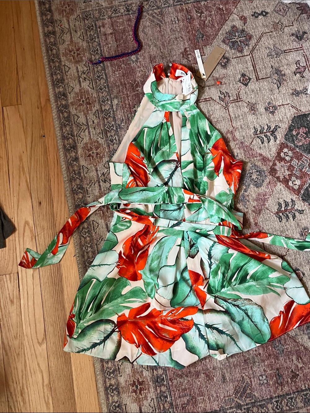 DO+BE Tropical Halter Dress in Red, Green & Cream
